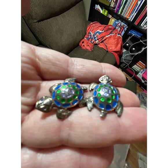 Vintage Sterling Silver 925 Enamel Turtle Stud Earrings - Picture 10 of 16